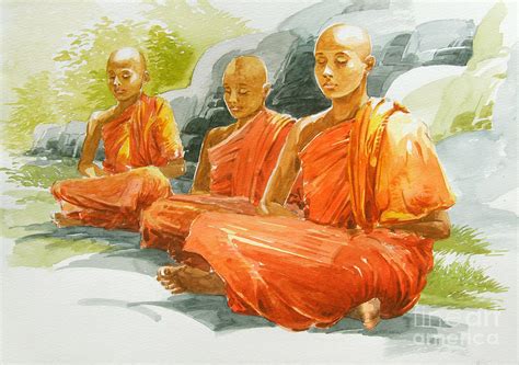 Meditating Monks Painting By Sarath Dissanayake