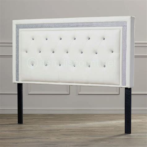 White Leather Button Tufted Rhinestone Crystal Bed Headboard Queen Full