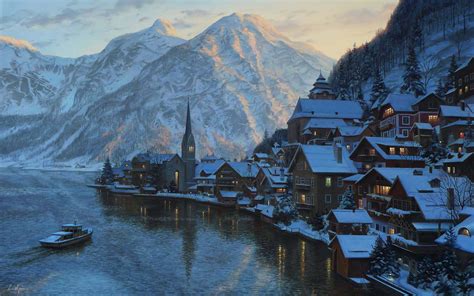 Lushpin Painting Landscape Austria Alps Mountains Winter Snow