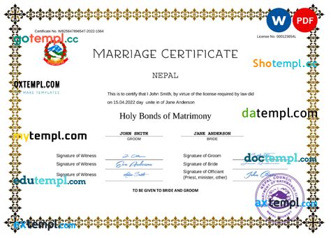 Nepal Marriage Certificate Word And Pdf Template Fully Editable