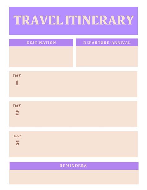 Travel Itinerary Template 3 Day Trip Etsy
