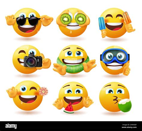 Juego De Vectores De Personajes De Verano Emoji Emoticonos En Caras