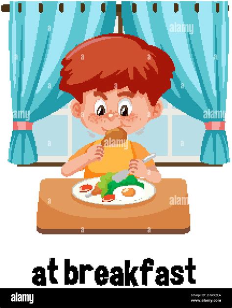 English Prepositions Of Time With Kid Have A Breakfast Scene Illustration Stock Vector Image