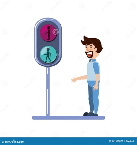 Young Man With Traffic Light Pedestrian Stock Vector Illustration Of