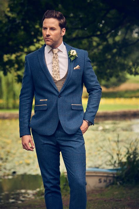 marc darcy dion tweed herringbone blue three piece suit wedding suits men blue three piece