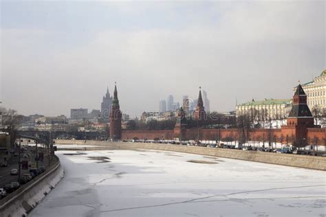 View Of The Moskva River Bridge And The Kremlin In Winter Time Stock