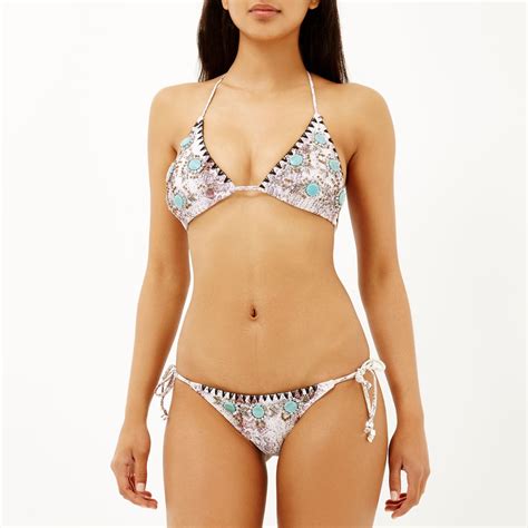 River Island Cream Embellished Triangle Bikini Top In Gray Lyst