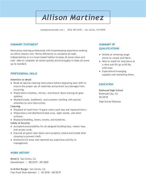 Office Cleaner Resume Example 2021 Myperfectresume