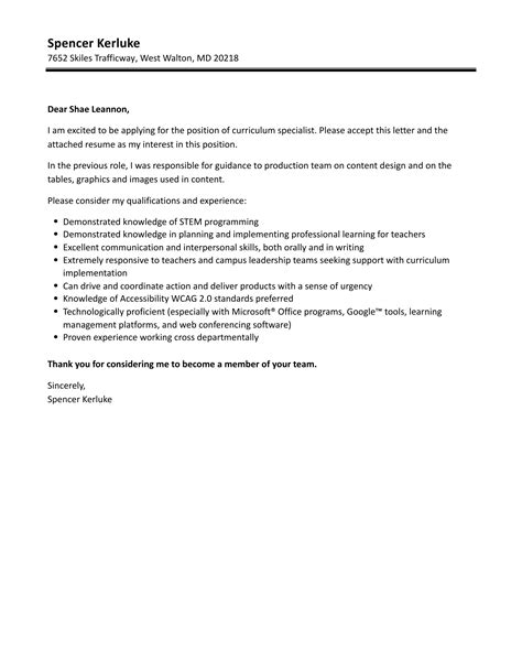 Curriculum Specialist Cover Letter Velvet Jobs