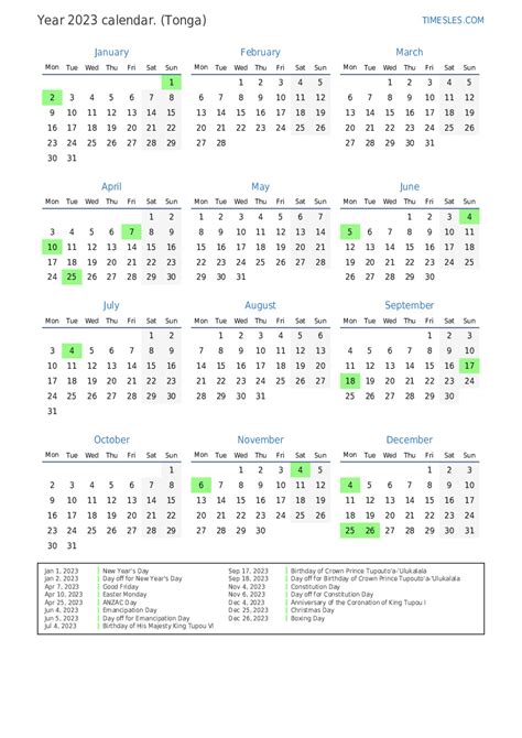 Calendar For 2023 With Holidays In Tonga Print And Download Calendar