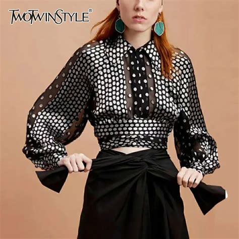 twotwinstyle vintage polka dot patchwork women blouse lapel lantern sleeve slim shirt female