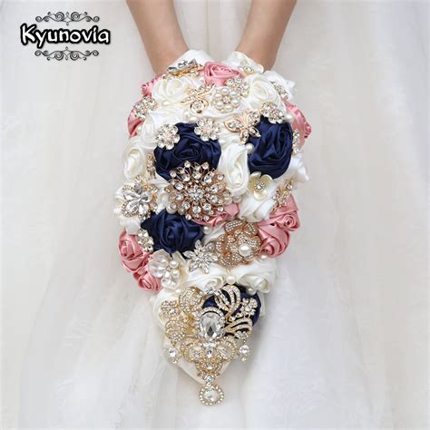 Kyunovia Navy Ivory Wedding Bouquet Silk Rose With Gold Crystals Bride