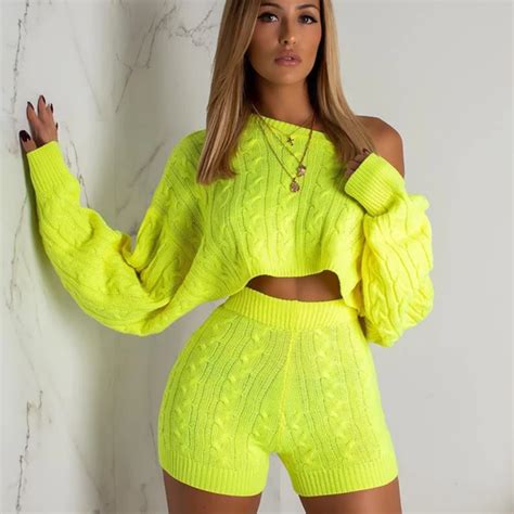 women s knitted long sleeved elastic two piece set suit long sleeve knit sweaters sexy women