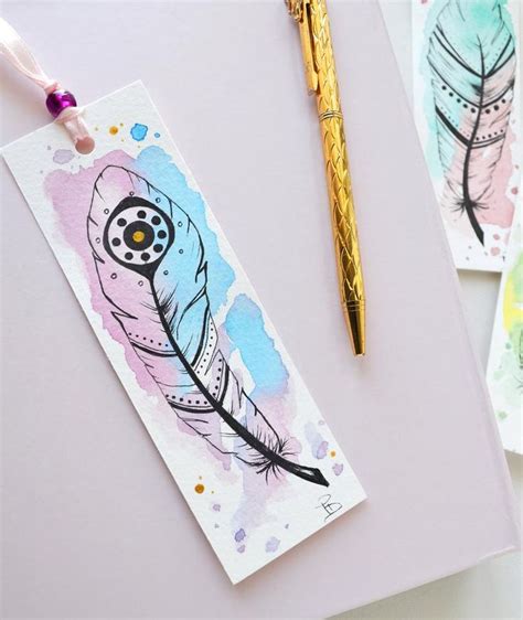 Watercolor Bookmark Feather Watercolor Art Book Lover T