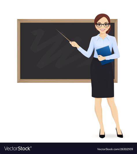 Female Teacher At Blackboard With Copy Space Showing Something Using