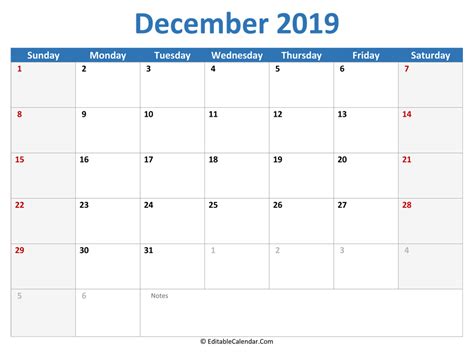 December 2019 Printable Calendar With Holidays