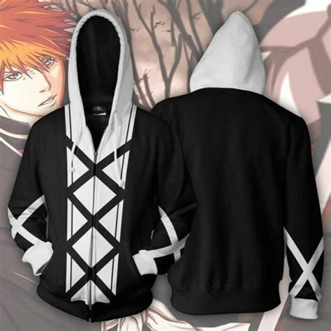 Anime Bleach Ichigo Zip Up Jacket Cosplay Costume Unisex Manga Hoodie