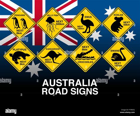 Australian Yellow Road Warning Signs With Flag Stock Vector Image And Art