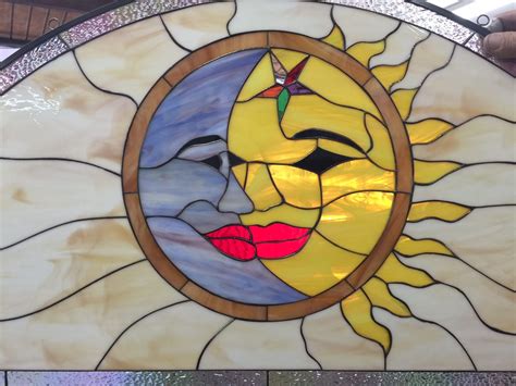 Cute Cozy Sun Moon Star Leaded Stained Glass Window Panel