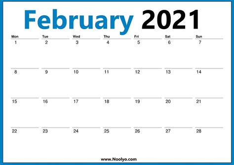 February 2021 monthly planner calendar. February 2021 Monday Start Calendar Printable - Noolyo.com