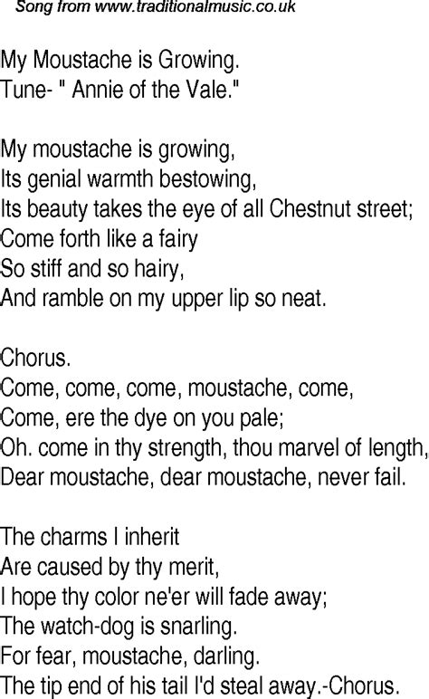 Old Time Song Lyrics For 11 My Moustache Is Growing