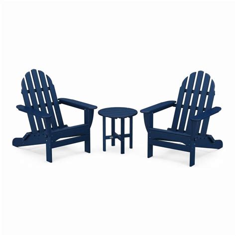 Polywood Classic 3 Piece Adirondack Folding Chair Set Blue Outdoor