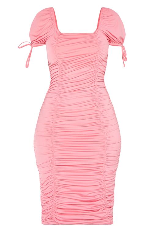 Bubblegum Pink Puff Sleeve Ruched Midi Dress Prettylittlething