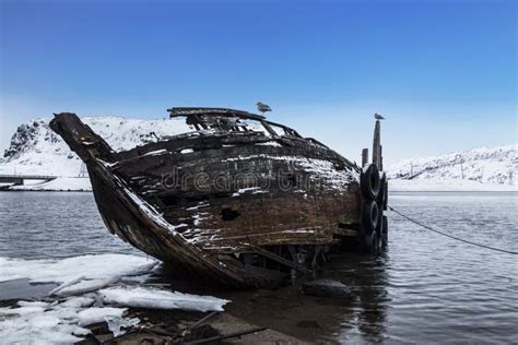 A Ruined Old Ship On The Shore Of The Sea Bay Stock Image Image Of