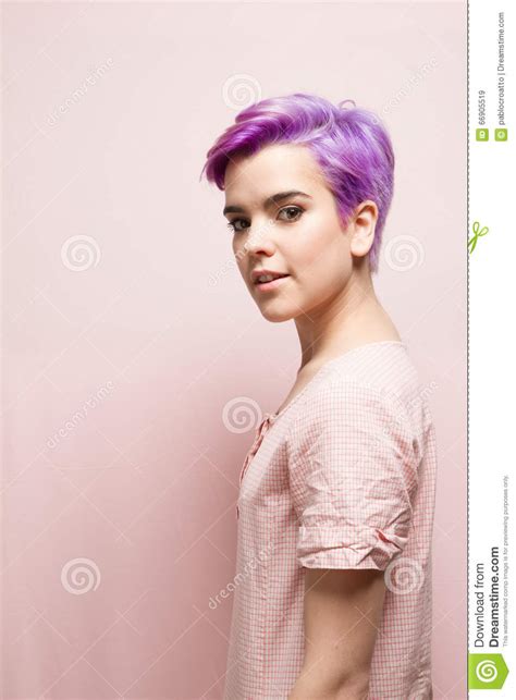 Left Profile Of A Violet Short Haired Woman In Pink Pastel Smiling