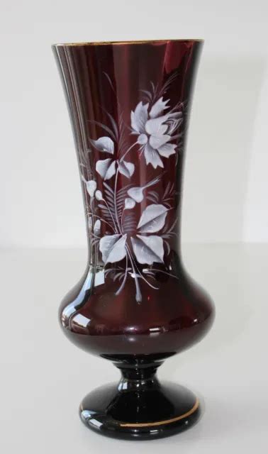 Ancien Vase En Verre Emaille Decor Floral Fleurs Blanches Et Dorure Eur