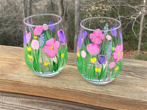 Hand Painted Stemless Wine Glasses Flowers Spring Floral Wine Etsy Hand Painted Stemless