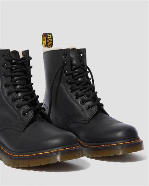 Dr Martens Originals Boots 1460 Womens Faux Fur Lined Lace Up Boots Black Burnished Wyoming