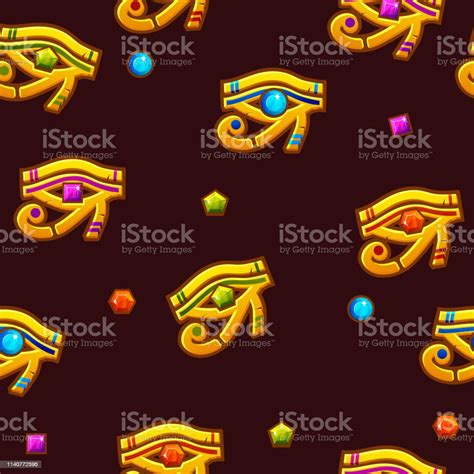 Seamless Pattern Egypt Eye Of Horus With Colored Precious Gems Golden Icon Stock Illustration