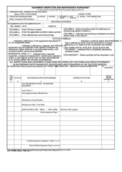 Fillable Da Form 2404 Equipment Inspection And Maintenance Worksheet