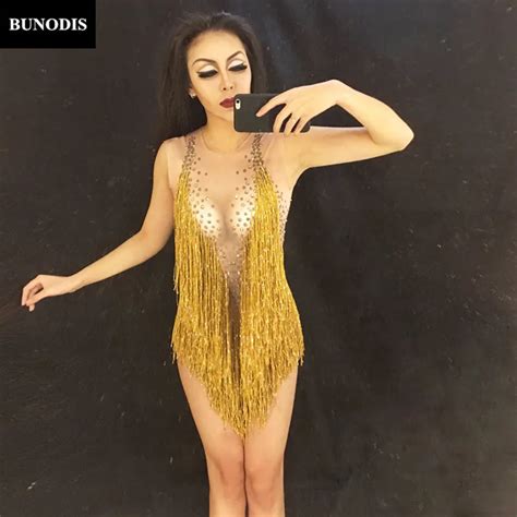 Buy Bu100 Yellow Tassel Women Sexy Bodysuit Sparkling Crystals Costume