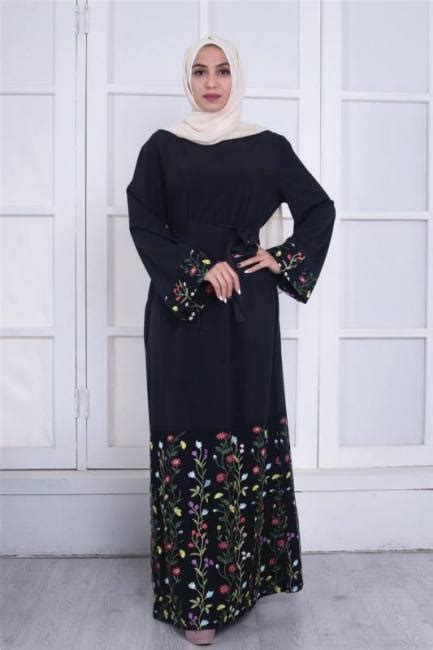 Black Women Islamic Clothing Abaya Flowers Embroidery Muslim Maxi Dress