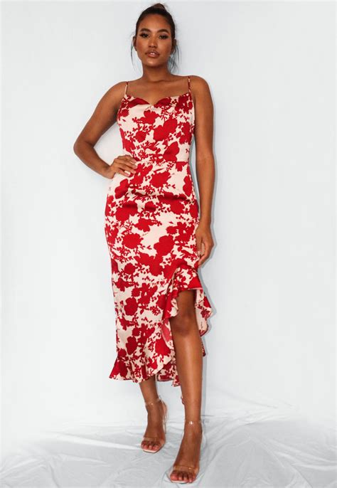 Red Floral Ruffle Side Midi Dress Missguided