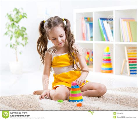Child Girl Playing With Colorful Toys Stock Image Image Of Enjoyment