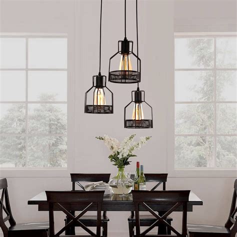 Rustic Black Metal Cage Dining Room Pendant Light With 3 Lights