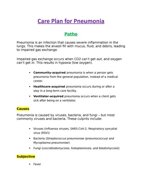 Care Plan For Pneumonia Care Plan For Pneumonia Patho Pneumonia Is An
