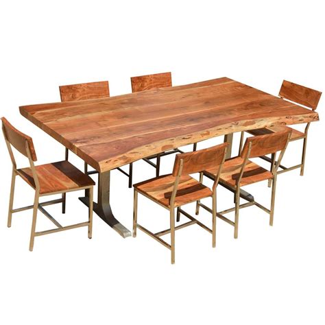 Simple, modern design meets rustic, natural style in this large rectangular live edge wood bench table handcrafted in india, the live edge wood table top is secured to wide, flat, black iron legs positioned in a stylish geometric pattern. Sierra Solid Wood Rustic Live Edge Dining Table & Chairs Set