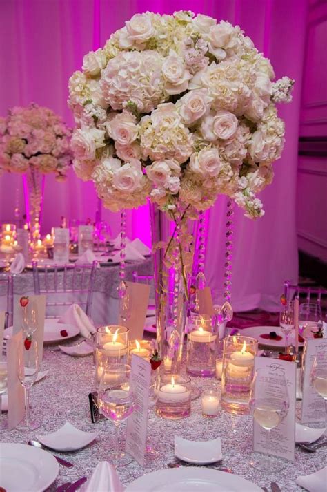 Tall White Wedding Centerpieces Roses And Hydrangeas With