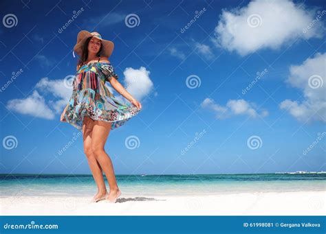 Carefree Woman Dancing On The Tropical Beach Vacation Vitality Stock