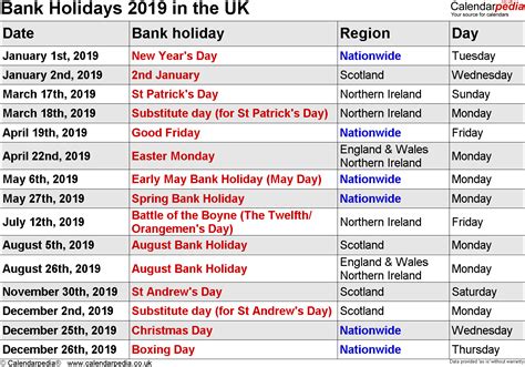 Bank Holidays 2019 In The Uk With Printable Templates
