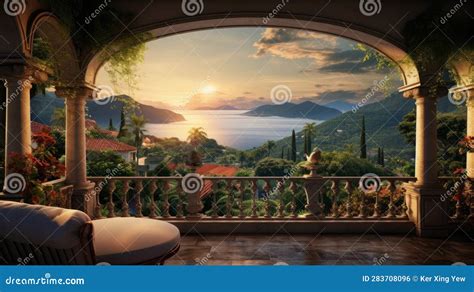 A Balcony With A View Of A Lake And Mountains Stock Illustration