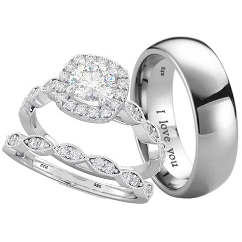 His And Hers Silver Engagement Wedding Ring Set