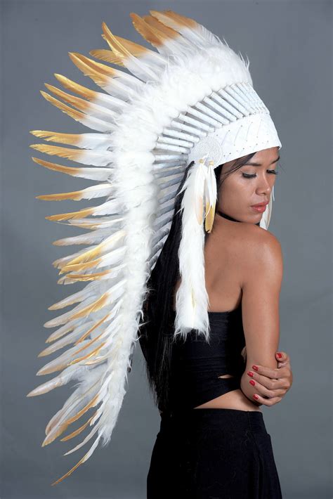 Indian Headdress Replica White And Gold Feathers Medium Etsy Indian