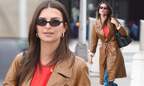 Emily Ratajkowski Is Under Wraps In Tan Leather Trench Coat As She