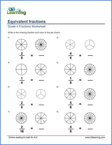 Loved by over 40 million kids. Grade 4 Math worksheets: writing equivalent fractions | K5 ...