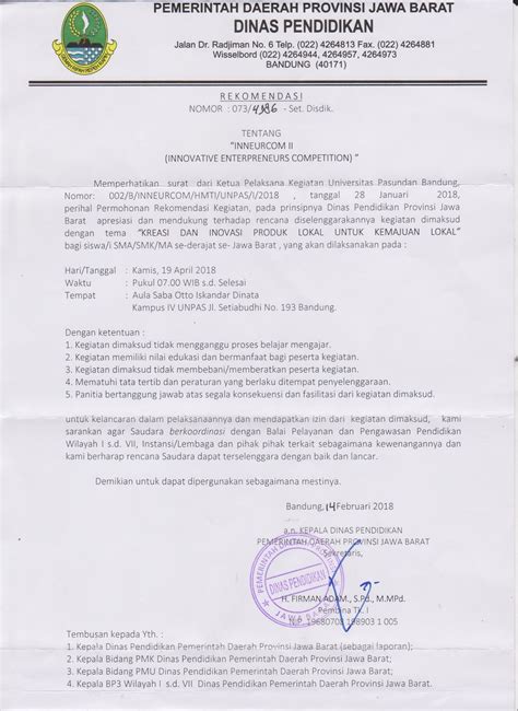 Selain sebagai bukti sejarah dokumen tertulis, surat dinas juga sebagai alat pengingat dan pedoman dalam suatu pekerjaan. Nama Kepala Dinas Pendidikan Jawa Barat - Terkait Pendidikan
